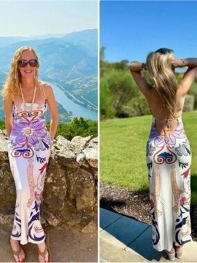 Carolina K Backless Floral Scroll Maxi Dress in Lavender and Cream - Women